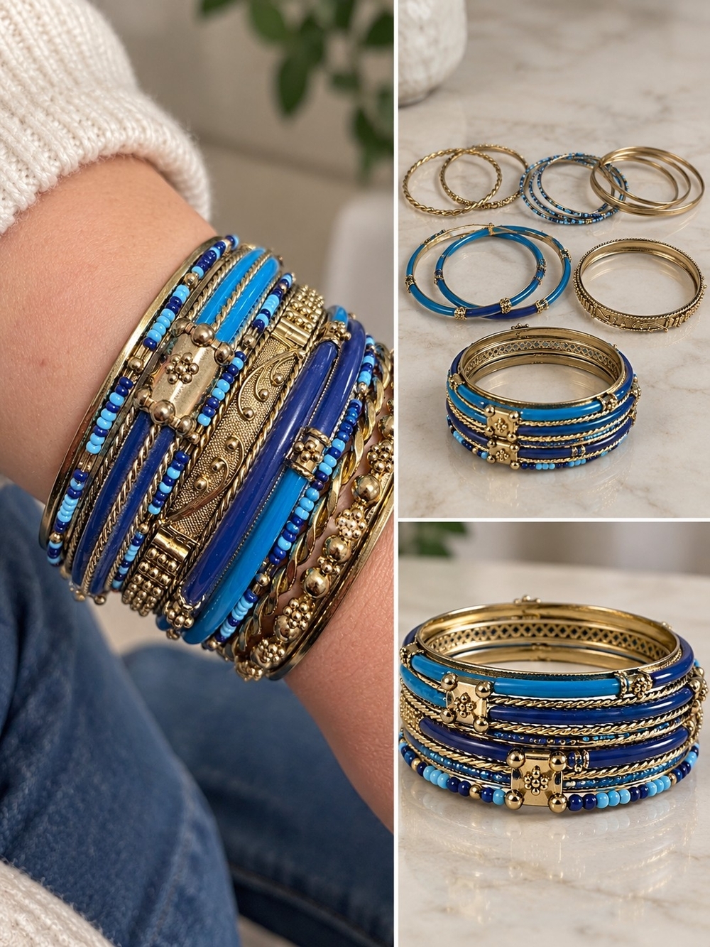 Blue & Gold-Tone Bangle Bracelet Stack Set | Boho Mixed Styles
